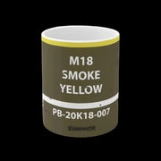 Mug with M18 Smoke Yellow label and Warfighter Supply branding on a white background