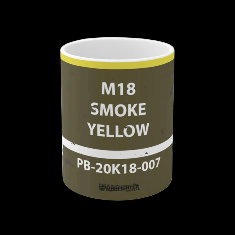 Mug with M18 Smoke Yellow label and Warfighter Supply branding on a white background