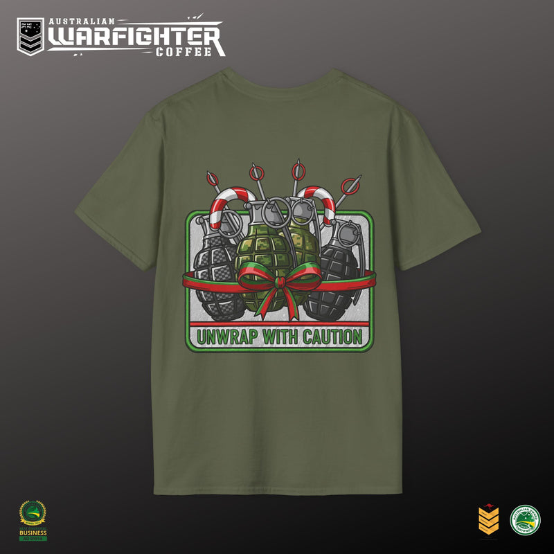 Green t-shirt with graphic design and text on a dark background