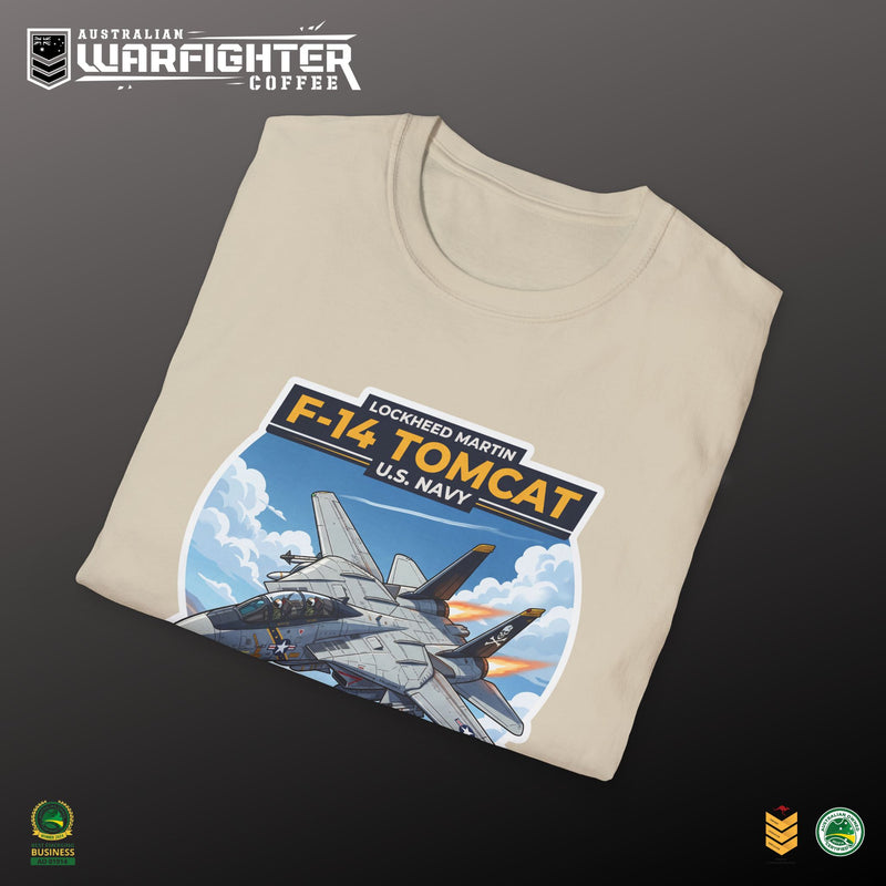 F-14 Tomcat US Navy Aviation T-Shirt — Vintage Fighter Jet Graphic — detail view, Australian Warfighters Coffee