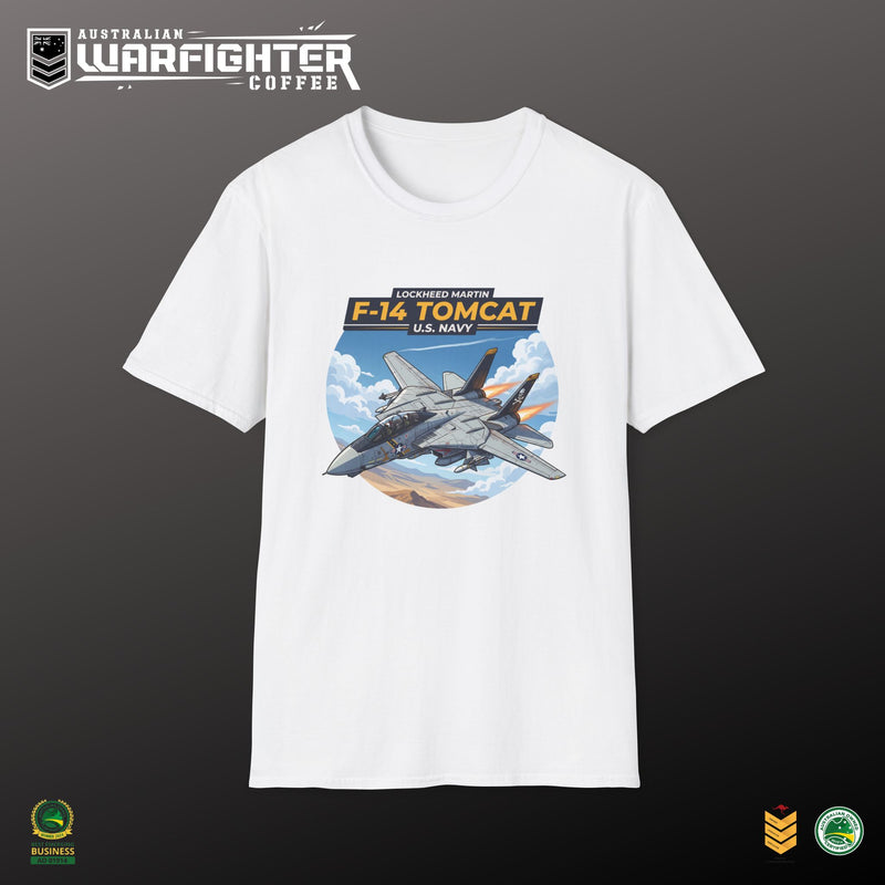 F-14 Tomcat US Navy Aviation T-Shirt — Vintage Fighter Jet Graphic — back view on model, Australian Warfighters Coffee
