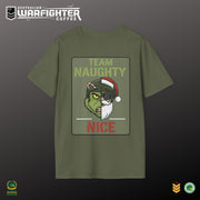 Green t-shirt with a graphic design featuring a split face with 'Team Naughty' on one side and 'Nice' on the other, on a dark background.