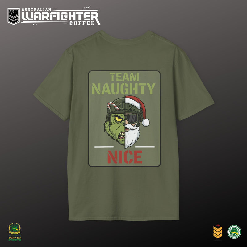 Green t-shirt with a graphic design featuring a split face with 'Team Naughty' on one side and 'Nice' on the other, on a dark background.