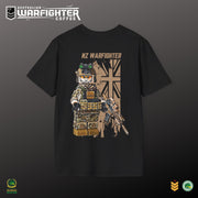Black t-shirt with NZ Warfighter graphic and Australian Warfighter Coffee branding on a dark background