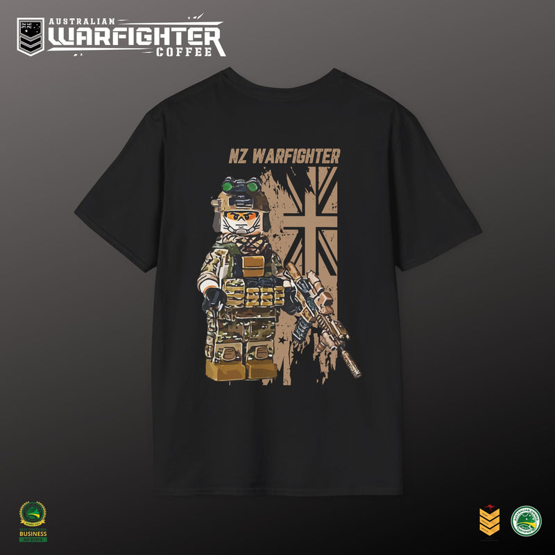 Black t-shirt with NZ Warfighter graphic and Australian Warfighter Coffee branding on a dark background