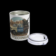 Tumbler with a vehicle design and text on a white background