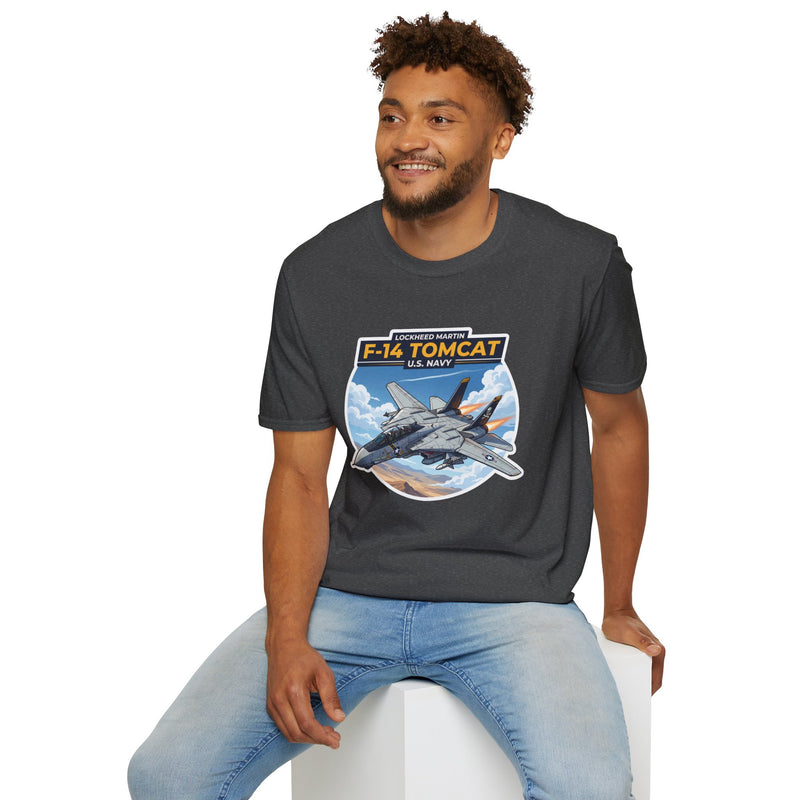 F-14 Tomcat US Navy Aviation T-Shirt — Vintage Fighter Jet Graphic — model wearing — fourth colour, Australian Warfighters Coffee