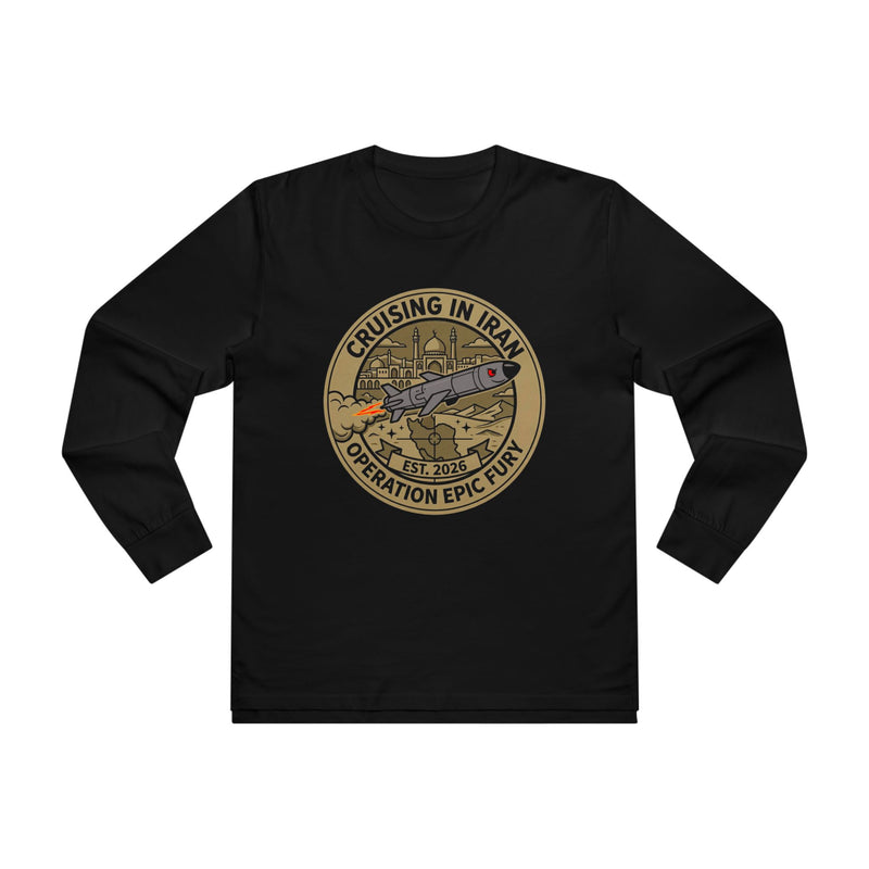 Cruising in Iraq Patch Longsleeve Tee - Operation Epic Fury Military Shirt — worn casual, Australian Warfighters Coffee