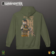 Green hoodie with a graphic of a soldier and British flag on the back, on a dark background.