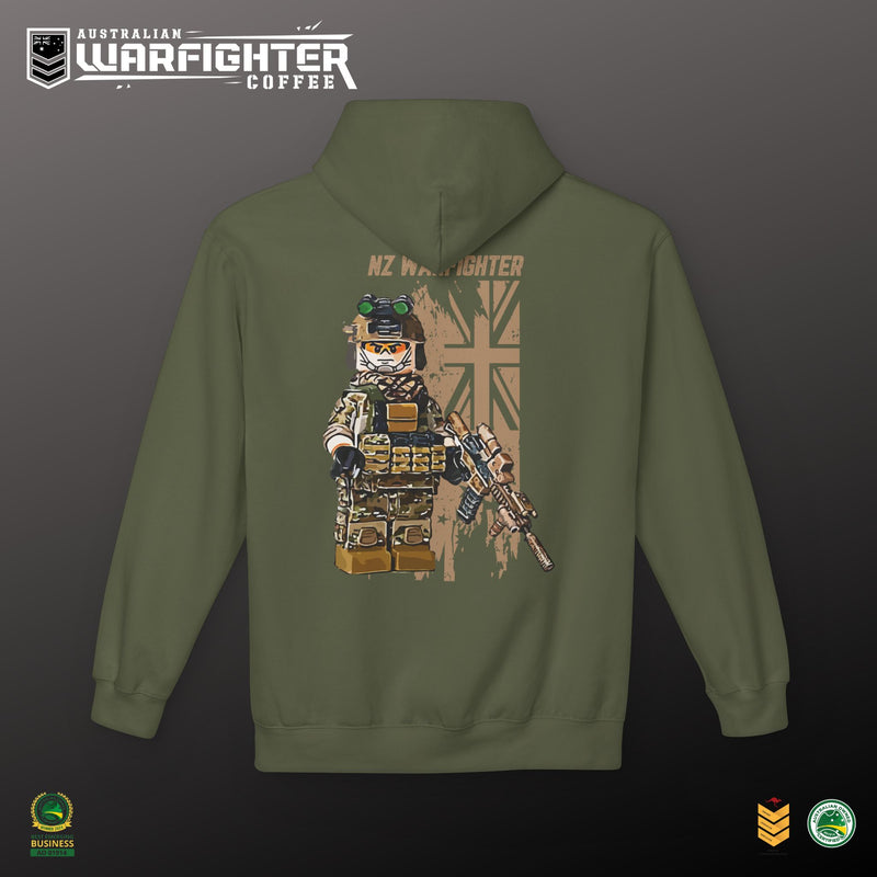 Green hoodie with a graphic of a soldier and British flag on the back, on a dark background.