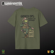 Green t-shirt with a Grinch in military gear graphic and text on a dark background