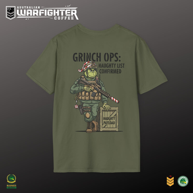 Green t-shirt with a Grinch in military gear graphic and text on a dark background