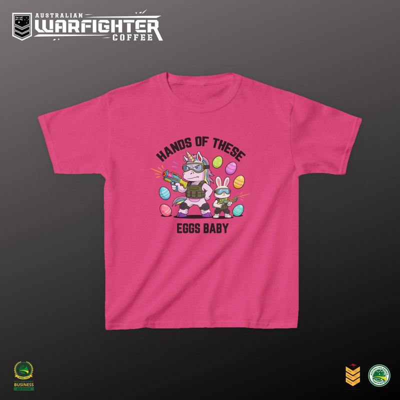 Kids Tee — "Hands of these eggs baby!"