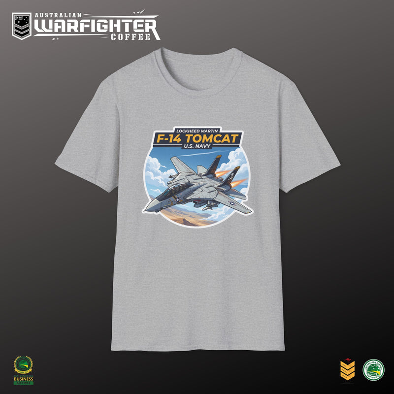 F-14 Tomcat US Navy Aviation T-Shirt — Vintage Fighter Jet Graphic — flat lay product shot, Australian Warfighters Coffee