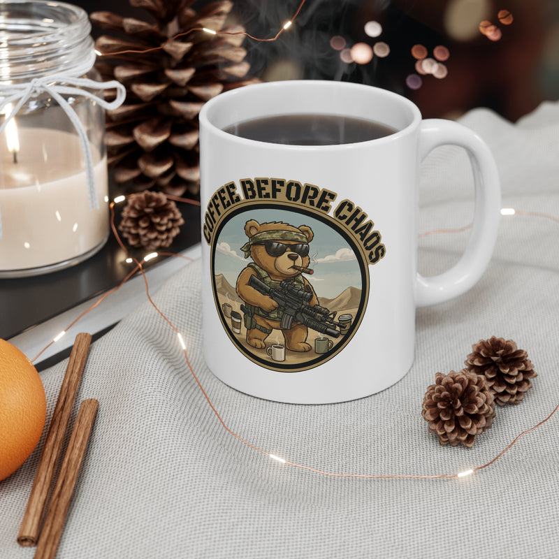 Coffee Mug — "Coffee Before Chaos" Tactical Bear Ceramic Mug (11oz) - Australian Warfighters Coffee