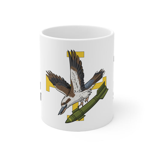 White mug with an eagle and bamboo design on a white background