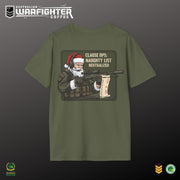 Green t-shirt with a graphic of Santa Claus in tactical gear holding a rifle on a dark background.