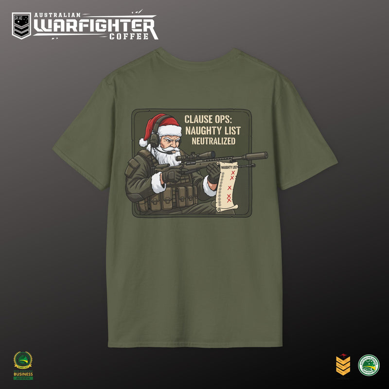 Green t-shirt with a graphic of Santa Claus in tactical gear holding a rifle on a dark background.