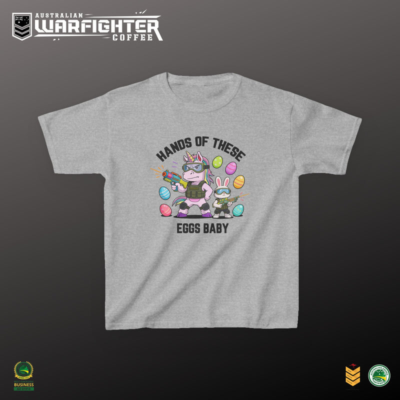 Kids Tee — "Hands of these eggs baby!"