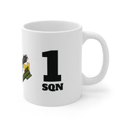 White mug with a logo and '1 Sqn' text on a white background