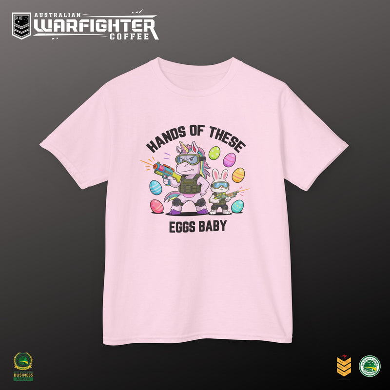 Kids Tee — "Hands of these eggs baby!"