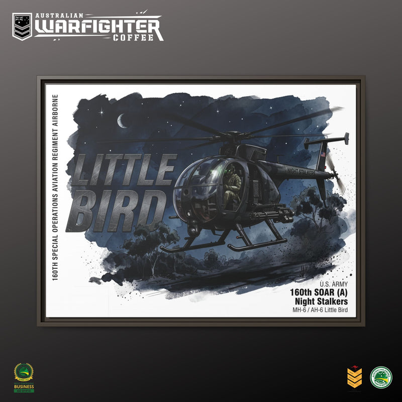 Little Bird Helicopter Framed Canvas Print — Military Aviation Wall Art