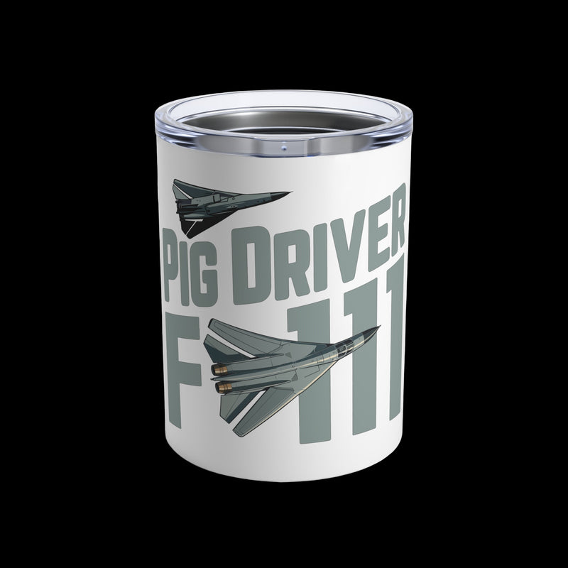 Tumbler with 'Pig Driver F117' design on a white background