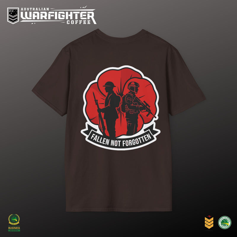 Brown t-shirt with 'Fallen Not Forgotten' design on a gray background, featuring the Australian Warfighter Coffee brand.