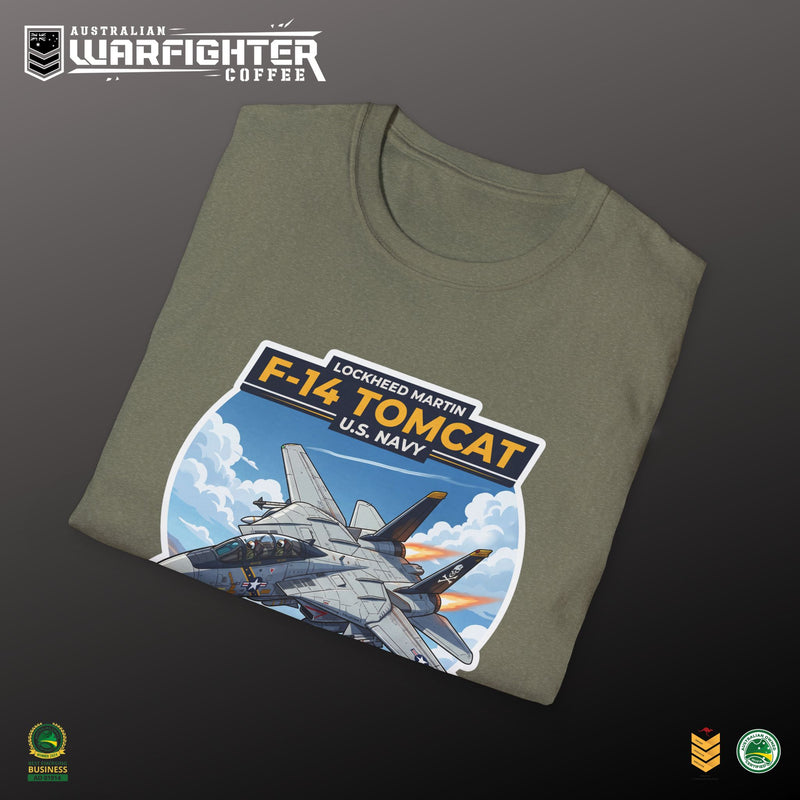 F-14 Tomcat US Navy Aviation T-Shirt — Vintage Fighter Jet Graphic — on-body detail, Australian Warfighters Coffee