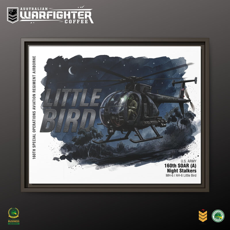 Little Bird Helicopter Framed Canvas Print — Military Aviation Wall Art