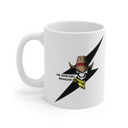 White mug with a graphic design featuring a cowboy hat and skull, labeled 'The Boneyard Wrangler', on a white background.