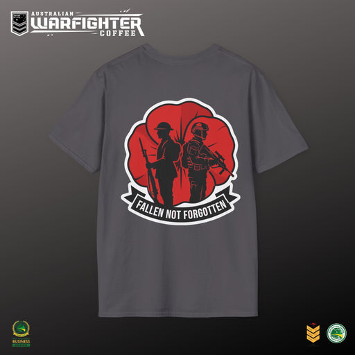 Gray t-shirt with a red and black graphic of two soldiers and 'Fallen Not Forgotten' text on a dark background.