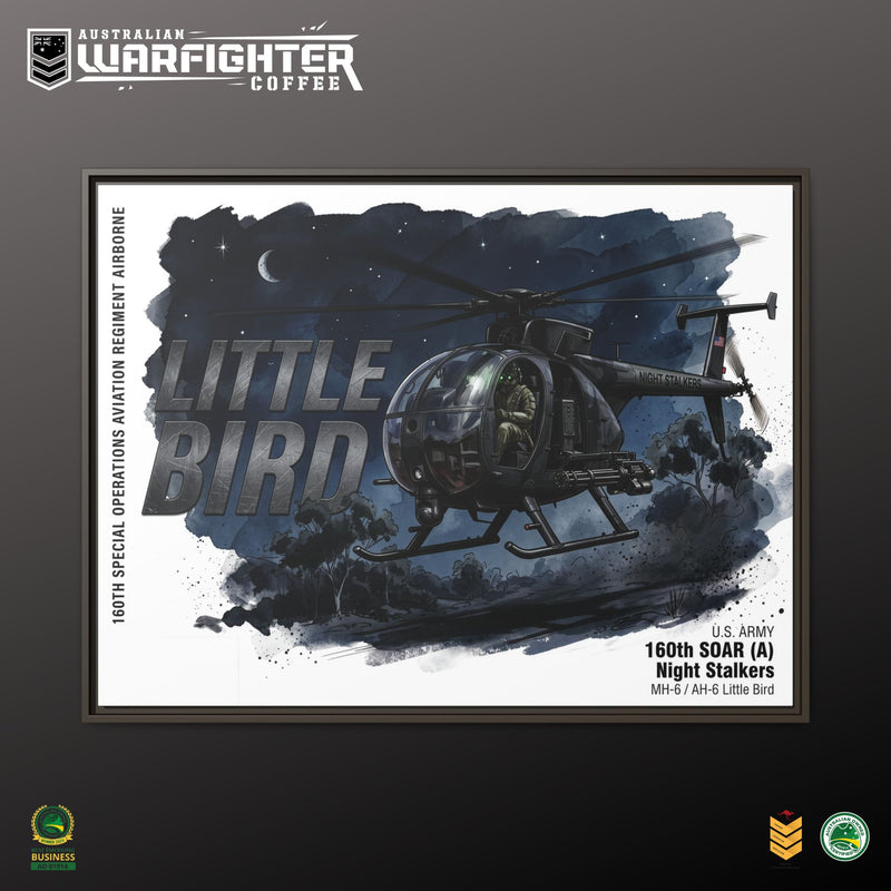 Little Bird Helicopter Framed Canvas Print — Military Aviation Wall Art