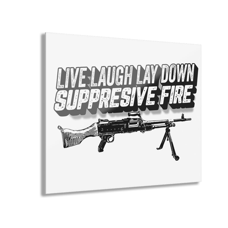 Live Laugh Lay Down Suppressive Fire Acrylic Print — close-up of artwork detail, Australian Warfighters Coffee