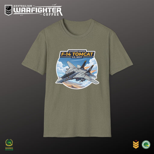 F-14 Tomcat US Navy Aviation T-Shirt — Vintage Fighter Jet Graphic — front view on model, Australian Warfighters Coffee