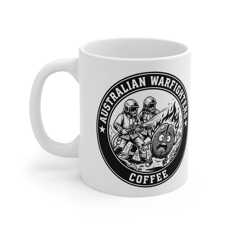 White ceramic coffee mug with Australian Warfighters Coffee logo.