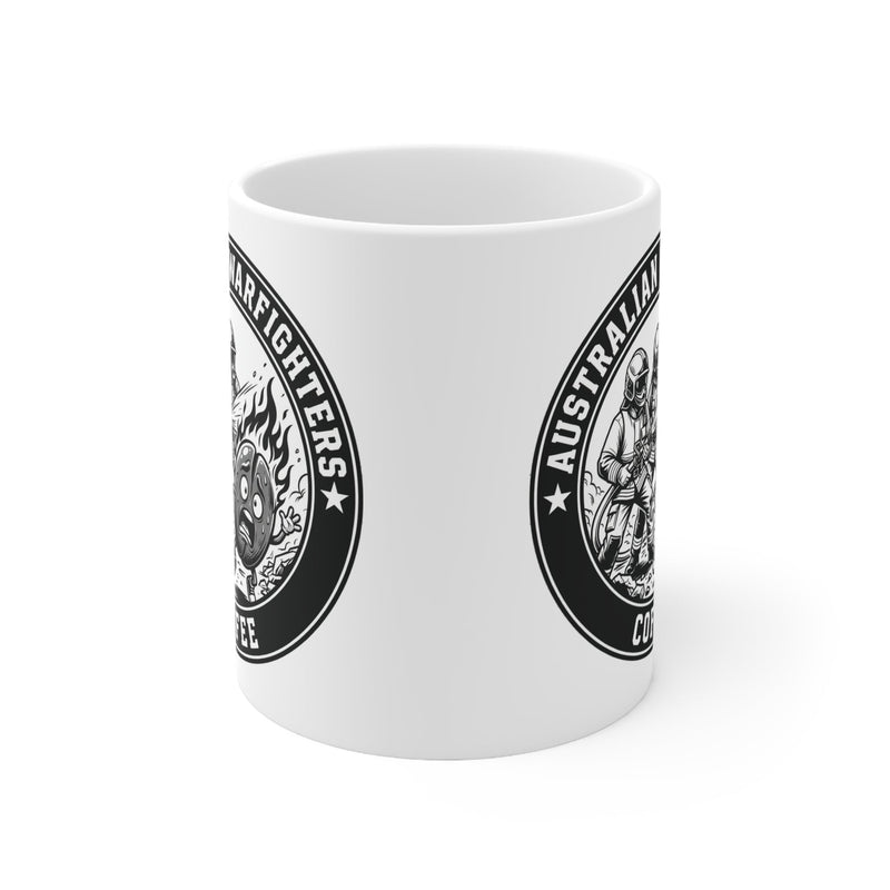 White ceramic coffee mug with Australian Warfighters Coffee logo.