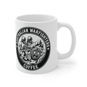 White ceramic coffee mug with Australian Warfighters Coffee logo.