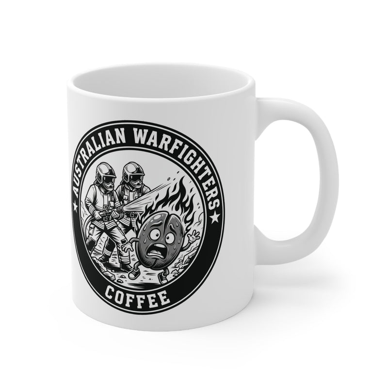 White ceramic coffee mug with Australian Warfighters Coffee logo.