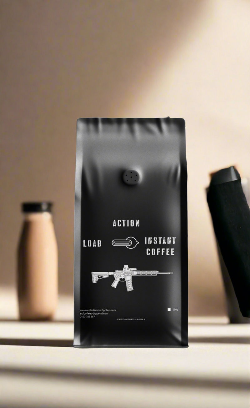 "LOAD – ACTION Instant Coffee 250g pouch by Australian Warfighters Coffee, featuring tactical rifle artwork and veteran-owned branding on a black background