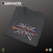 Australian Warfighters dark grey 100% cotton t-shirt with a vintage Bren gun graphic over a distressed Union Jack.