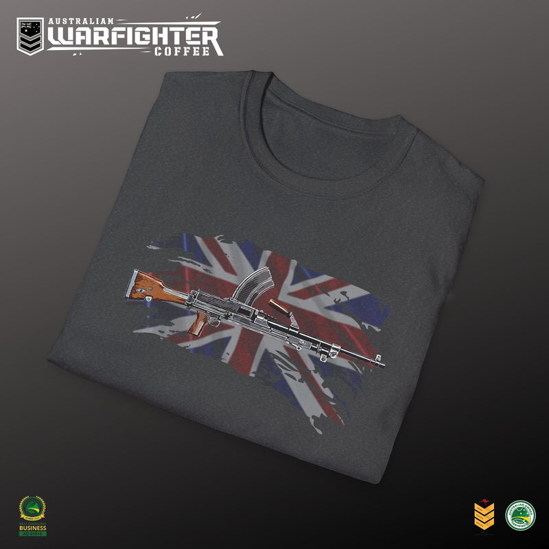 Australian Warfighters dark grey 100% cotton t-shirt with a vintage Bren gun graphic over a distressed Union Jack.