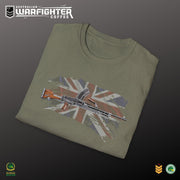 Australian Warfighters olive green cotton t-shirt with a vintage Bren gun graphic over a distressed Union Jack.