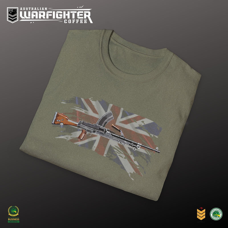 Australian Warfighters olive green cotton t-shirt with a vintage Bren gun graphic over a distressed Union Jack.