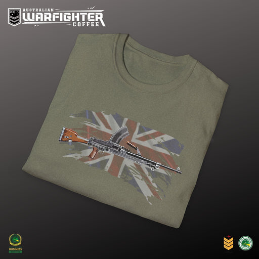Australian Warfighters olive green cotton t-shirt with a vintage Bren gun graphic over a distressed Union Jack.