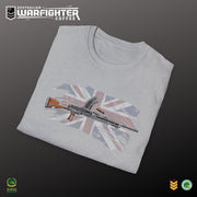 Australian Warfighters grey 100% cotton t-shirt with a vintage Bren gun graphic over a distressed Union Jack.