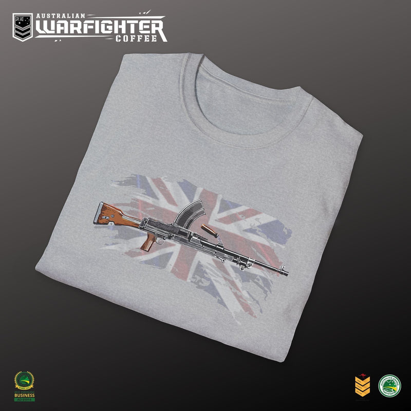 Australian Warfighters grey 100% cotton t-shirt with a vintage Bren gun graphic over a distressed Union Jack.