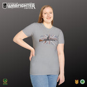 Australian Warfighters grey cotton t-shirt with a vintage British WWII gun graphic over a distressed Union Jack.
