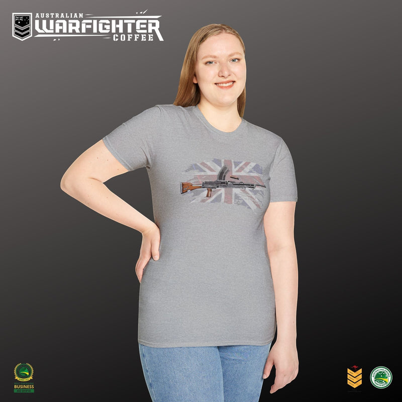 Australian Warfighters grey cotton t-shirt with a vintage British WWII gun graphic over a distressed Union Jack.