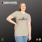 Australian Warfighters tan cotton t-shirt with a vintage Bren gun graphic over a distressed Union Jack.